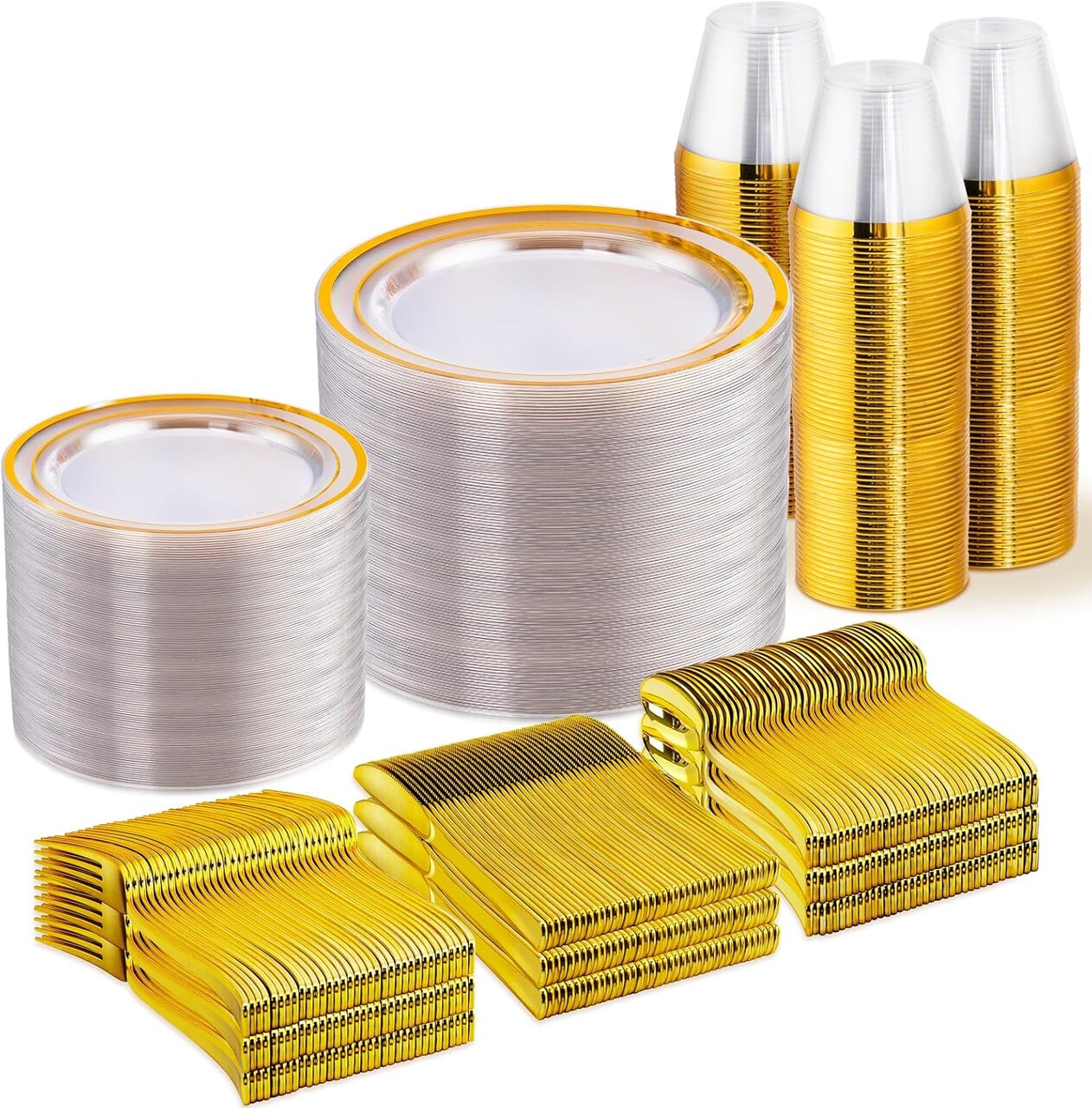 Disposable Dinnerware Set – 25, 50, 75, 100 Guest Options, Plastic Plates, Cups & Silverware for Wedding & Party